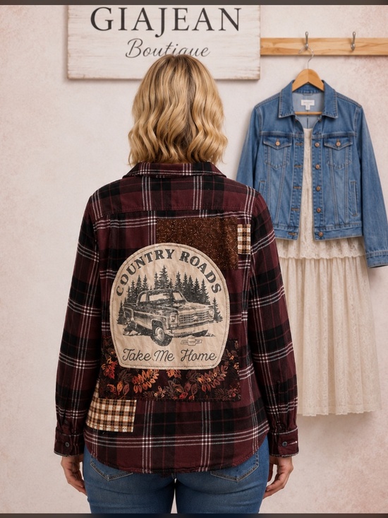 POL Tops - Custom Upcycled Flannel with Band Tee COUNTRY ROADS